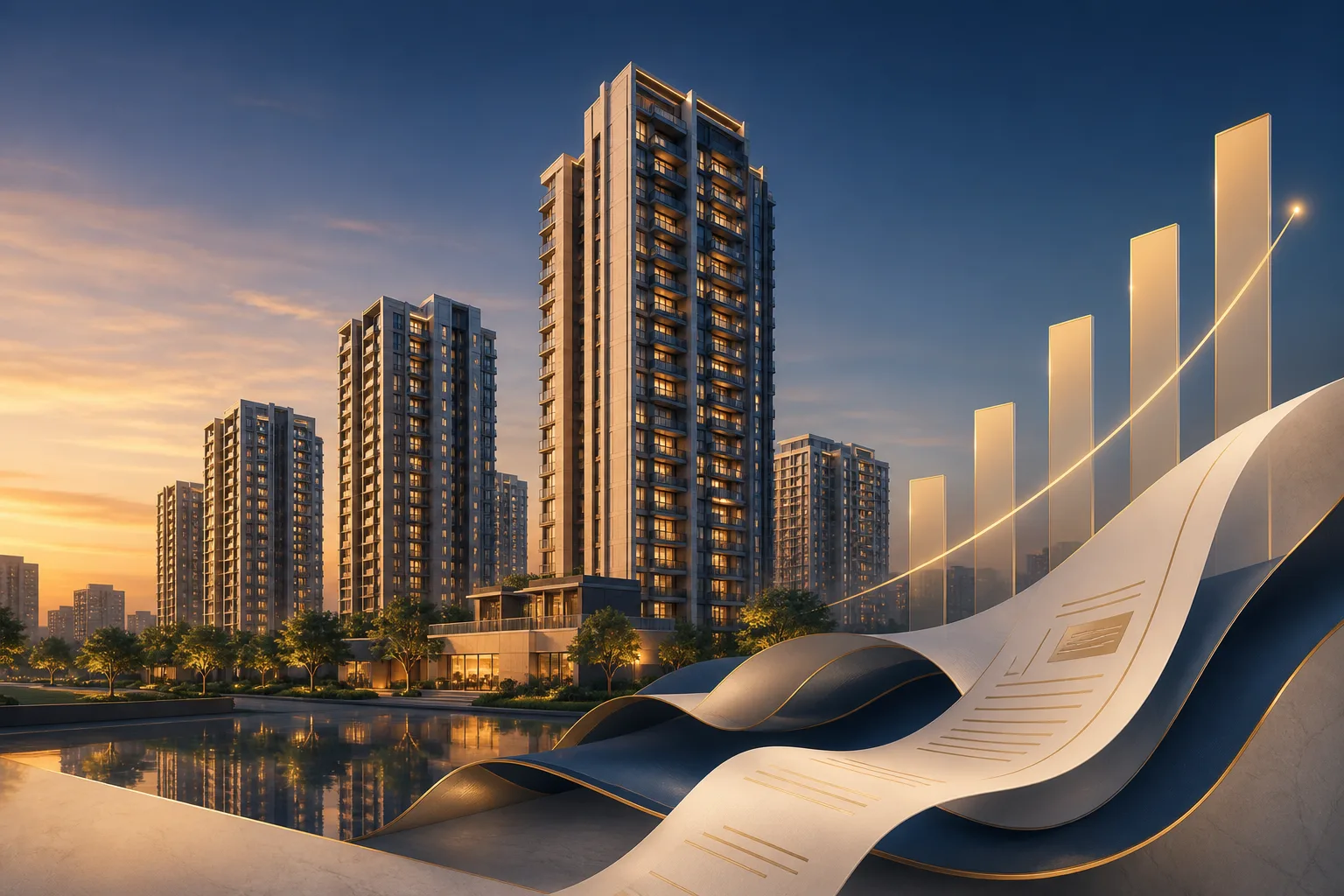 Editorial illustration of contemporary apartment towers with abstract growth bars