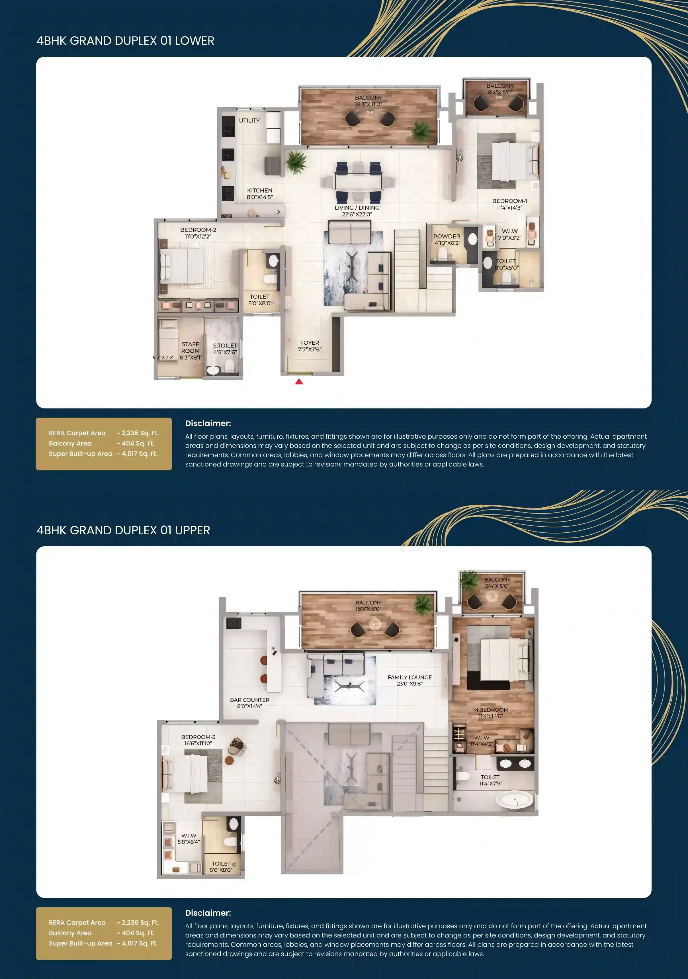 Official published Northern Lights 4 BHK Grand Duplex lower and upper floor-plan sheets