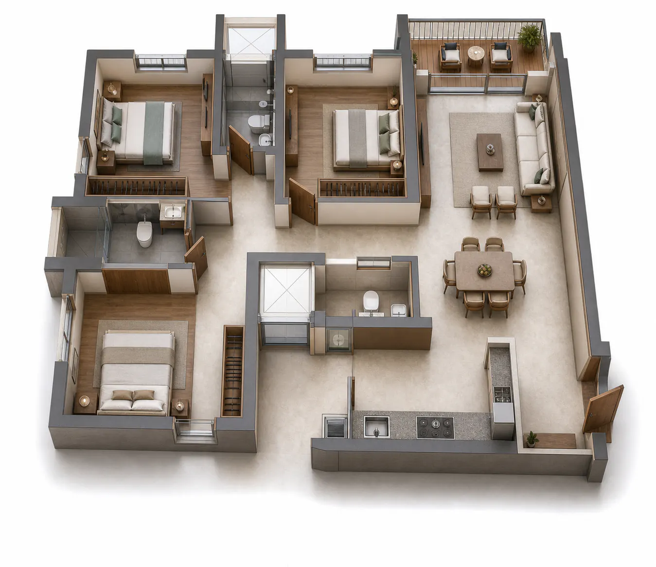 Generated 3D floor-plan concept for 3 BHK L Type 1