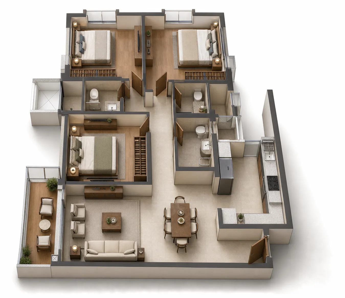 Generated 3D floor-plan concept for 3 BHK R Type 2