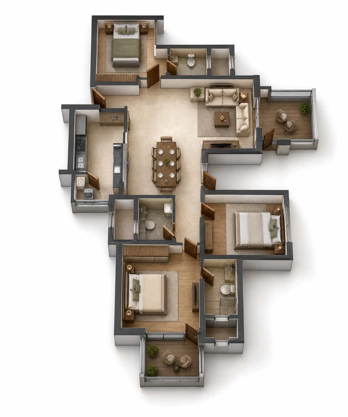 Generated 3D floor-plan concept for 3 BHK Luxury — even floors