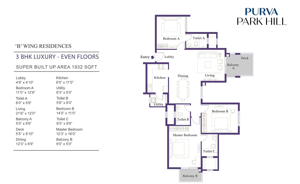 Official Wing B 3 BHK Luxury even-floor plan for Purva Park Hill