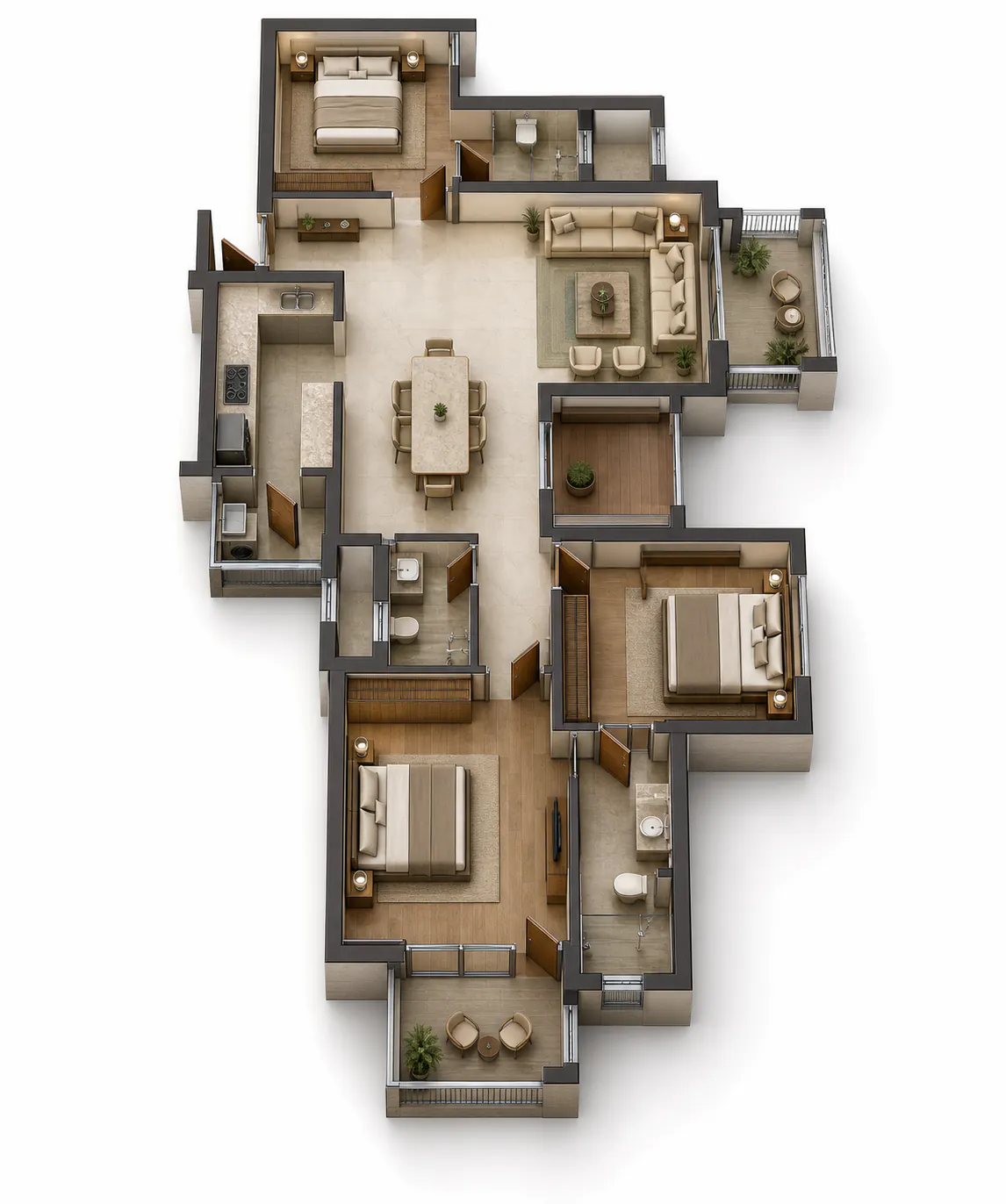 Generated 3D floor-plan concept for 3 BHK Luxury — odd floors