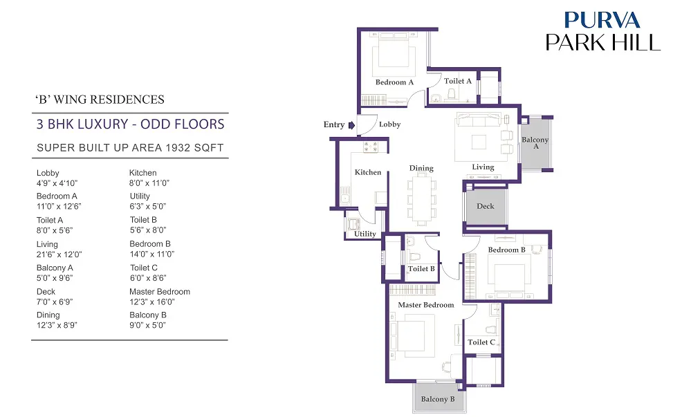 Official Wing B 3 BHK Luxury odd-floor plan for Purva Park Hill