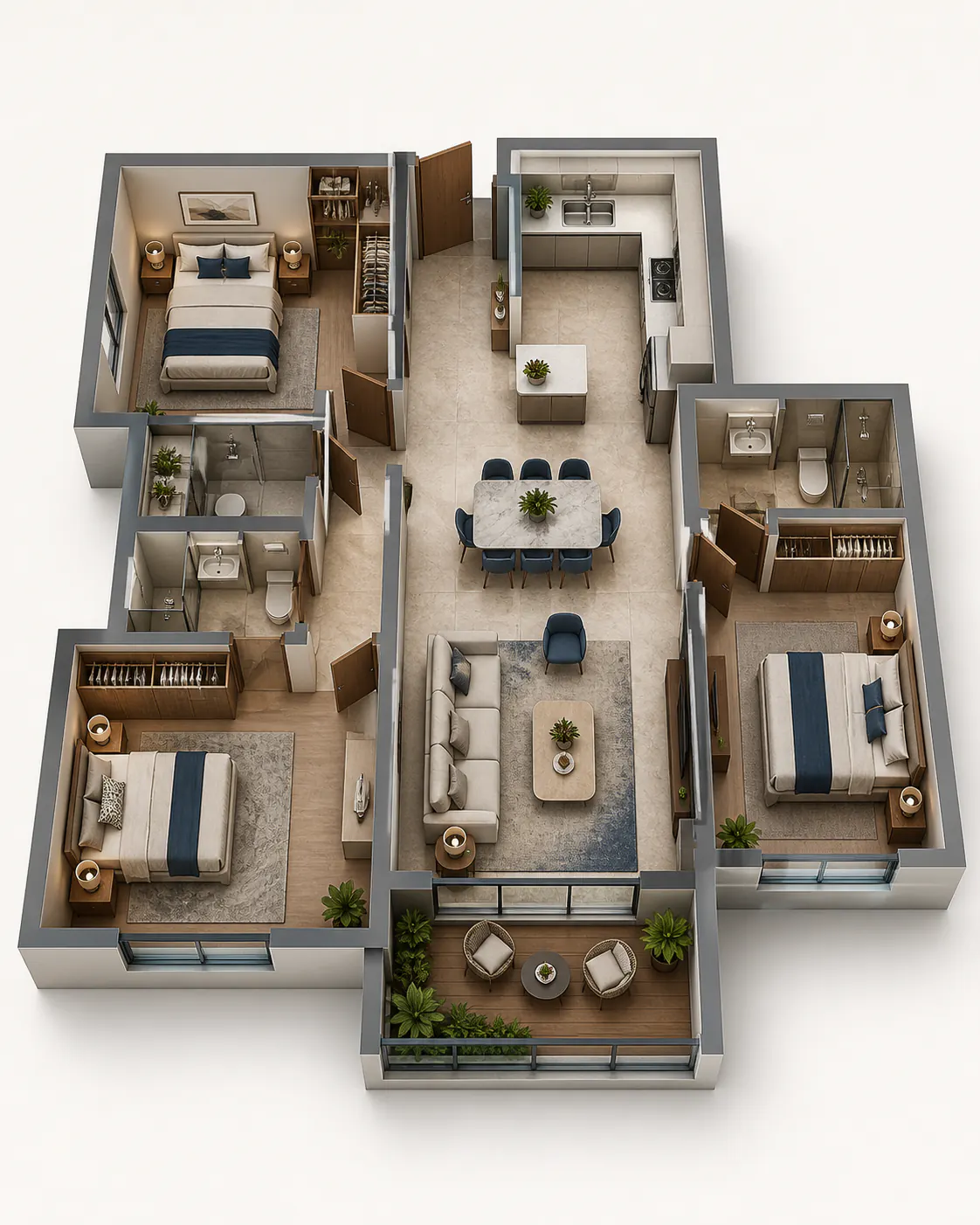 Generated 3D floor-plan concept for 3 BHK